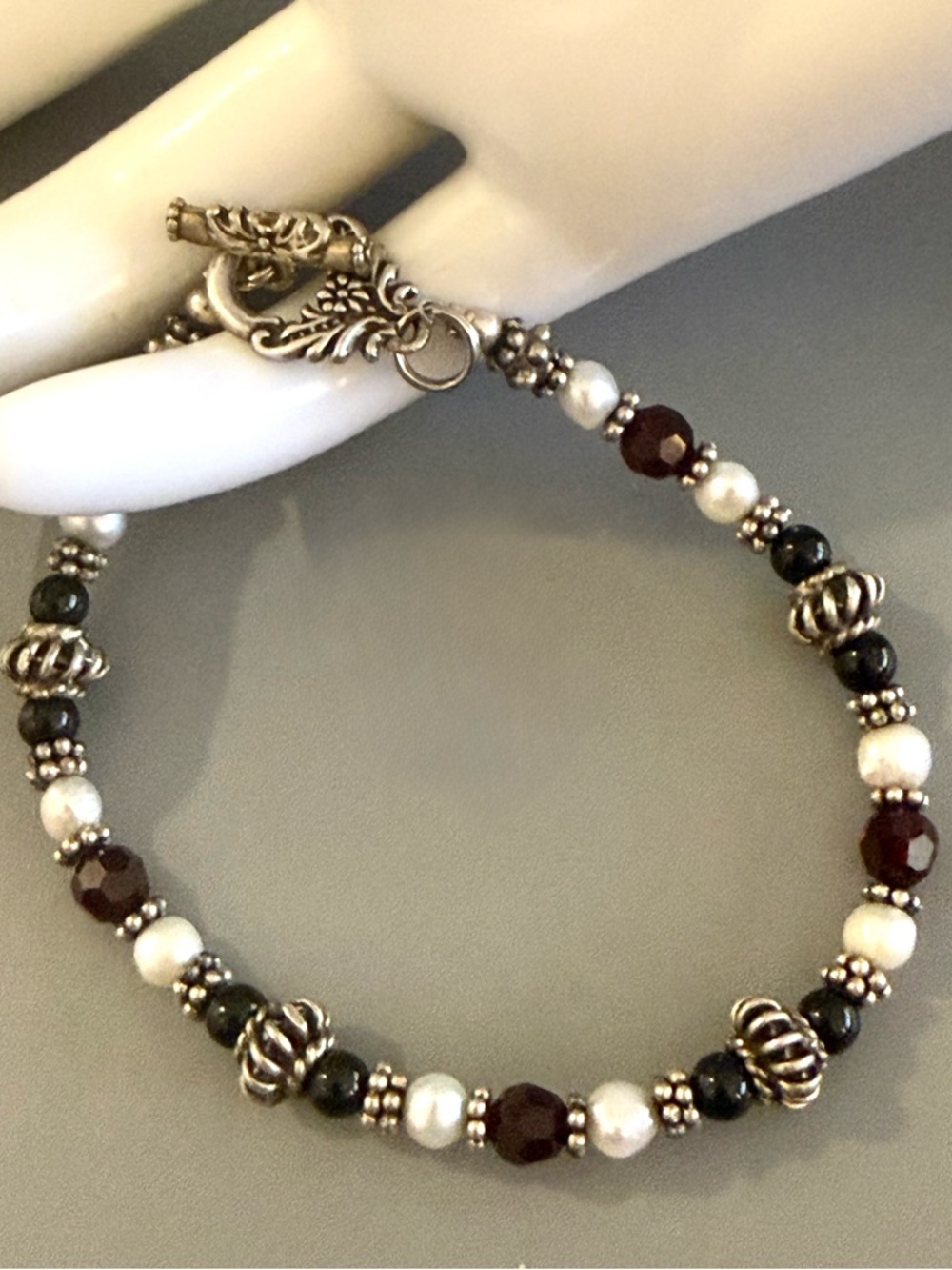 Estate Sterling Silver Chalcedony Garnet Quartz Stones Toggle Clasp